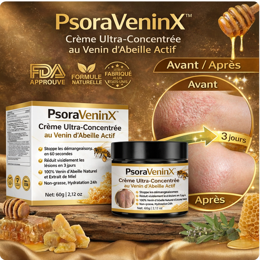 PsoraVeninX™ Crème Ultra-Concentrée au Venin d’Abeille Actif | Élimine plaques, rougeurs et démangeaisons dès la 1ère application !