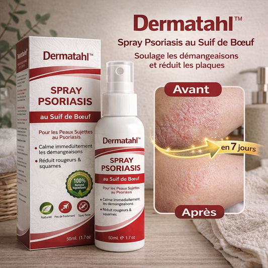 Dermatahl™ Spray Psoriasis au Suif de Bœuf | Stoppe les démangeaisons et régénère votre peau dès la première application !
