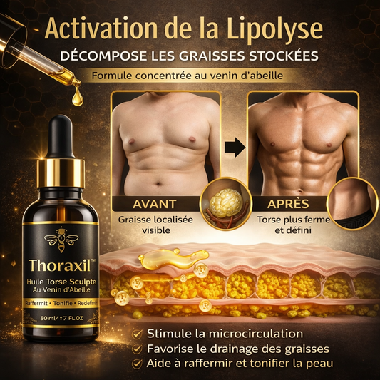 Thoraxil™ Huile Torse Sculpté au Venin d’Abeille | Éliminez les seins masculins en 7 jours sans chirurgie !