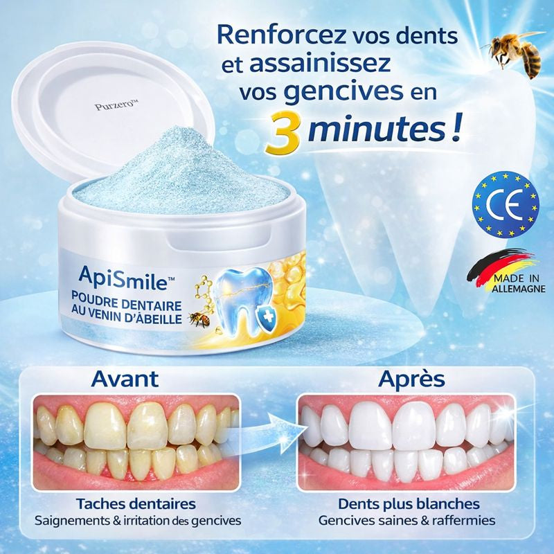 ApiSmile™ Poudre Dentaire au Venin d’Abeille | Renforcez vos dents et assainissez vos gencives en 3 minutes !