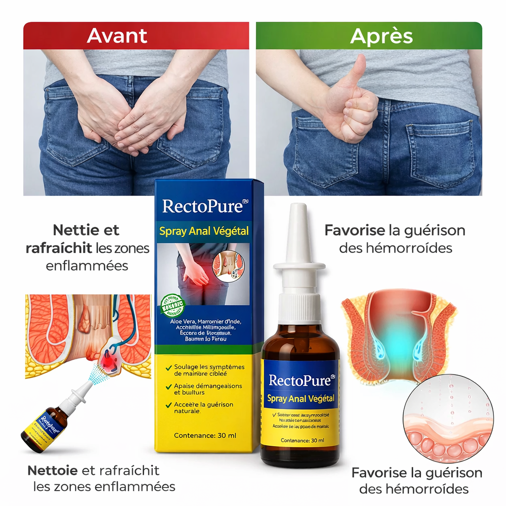 RectoPure™ Spray Anal Végétal | Stoppez les hémorroïdes sans chirurgie ni suppositoires !