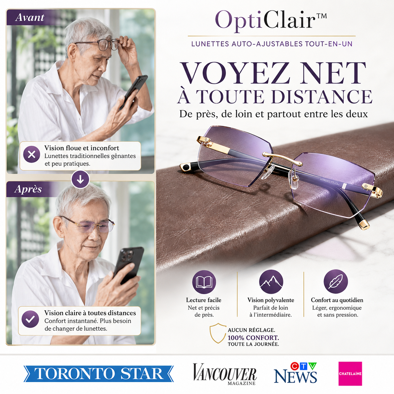 OptiClair™ Lunettes Auto-Ajustables Tout-en-Un | Voyez net de près, de loin et partout entre les deux !