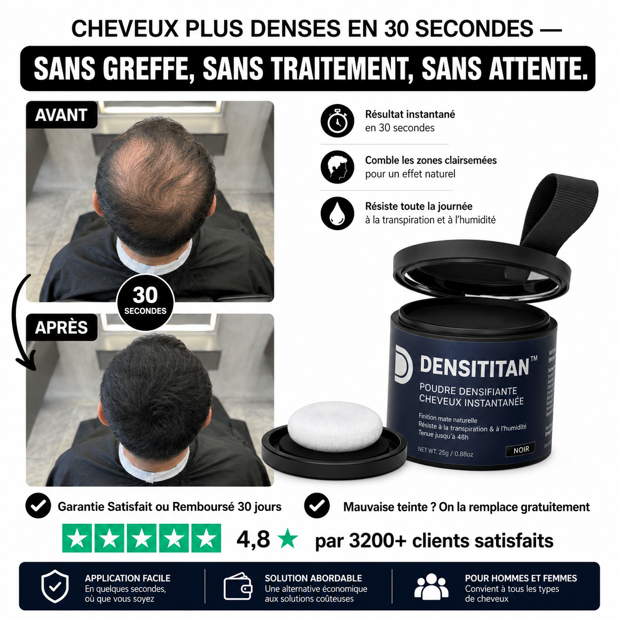 DensiTitan™ Poudre Densifiante Cheveux Instantanée | Comblez les zones clairsemées en 10 secondes, sans greffe ni traitement !