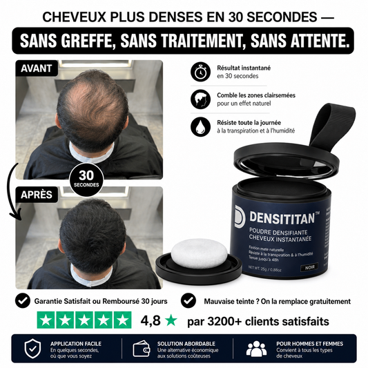 DensiTitan™ Poudre Densifiante Cheveux Instantanée | Comblez les zones clairsemées en 10 secondes, sans greffe ni traitement !