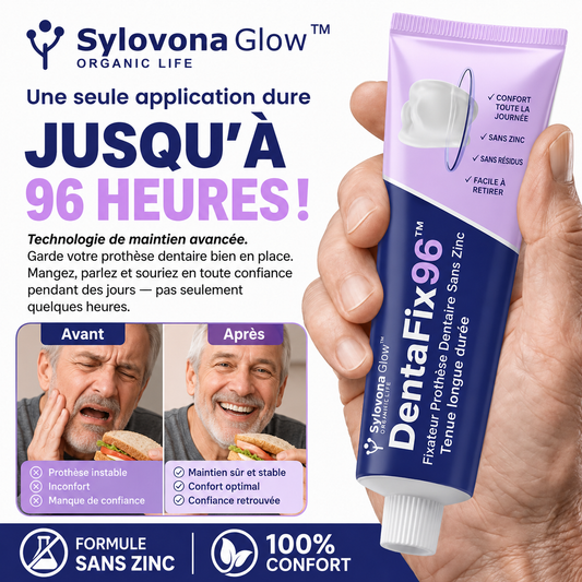 DentaFix96™ Fixateur Prothèse Dentaire Sans Zinc | Gardez votre dentier bien en place jusqu’à 96 heures, sans colle ni résidus !