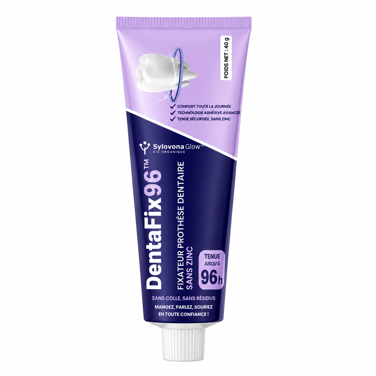 DentaFix96™ Fixateur Prothèse Dentaire Sans Zinc | Gardez votre dentier bien en place jusqu’à 96 heures, sans colle ni résidus !