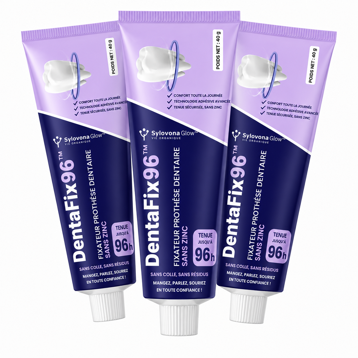 DentaFix96™ Fixateur Prothèse Dentaire Sans Zinc | Gardez votre dentier bien en place jusqu’à 96 heures, sans colle ni résidus !