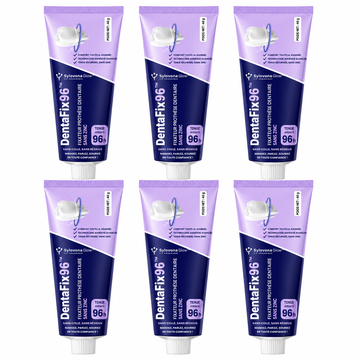 DentaFix96™ Fixateur Prothèse Dentaire Sans Zinc | Gardez votre dentier bien en place jusqu’à 96 heures, sans colle ni résidus !