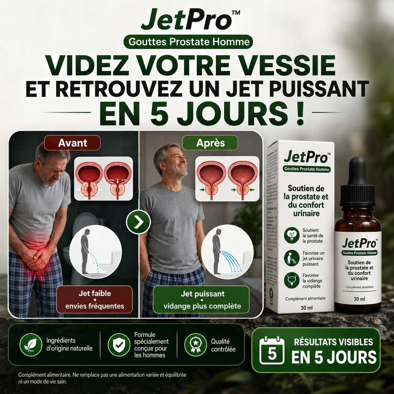 JetPro™ Gouttes Prostate Homme | Videz votre vessie et retrouvez un jet puissant en 5 jours !