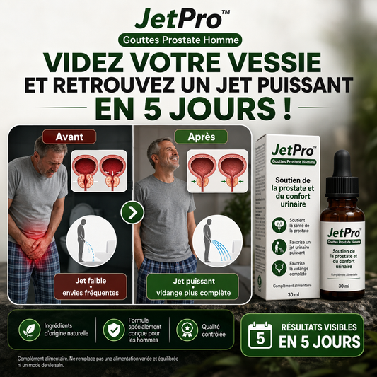 JetPro™ Gouttes Prostate Homme | Videz votre vessie et retrouvez un jet puissant en 5 jours !