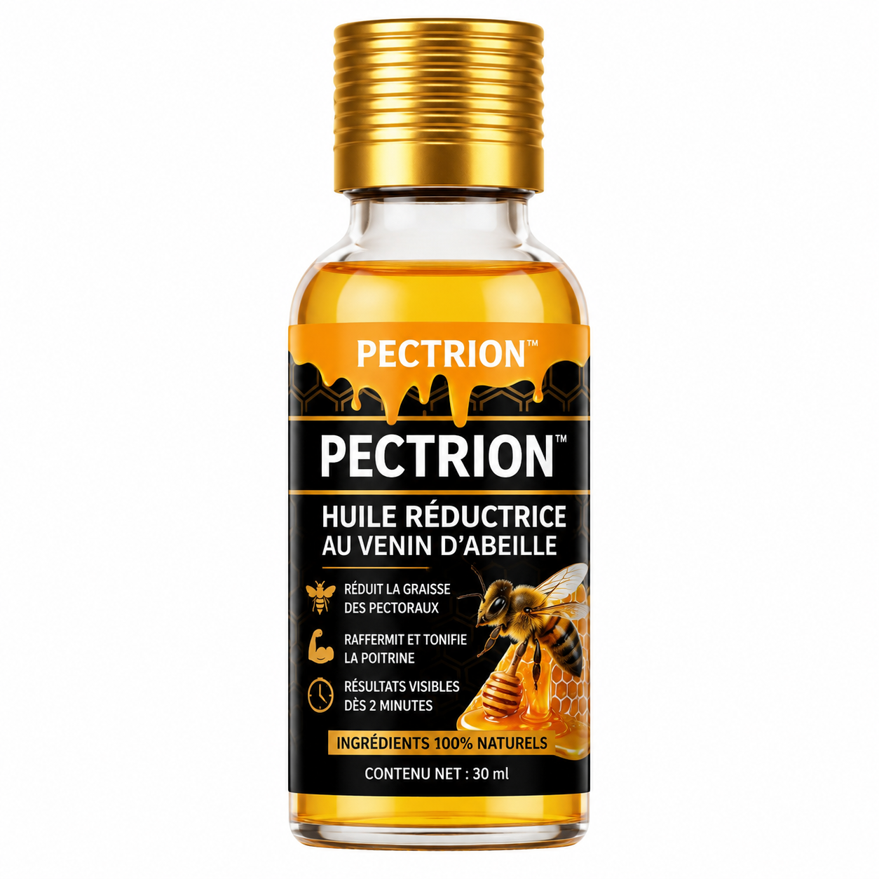 Pectrion™ Huile Réductrice au Venin d’Abeille | Réduit la graisse des pectoraux en 2 minutes !