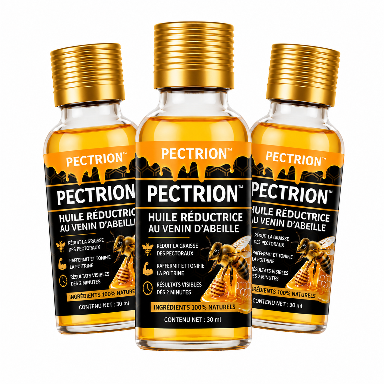 Pectrion™ Huile Réductrice au Venin d’Abeille | Réduit la graisse des pectoraux en 2 minutes !
