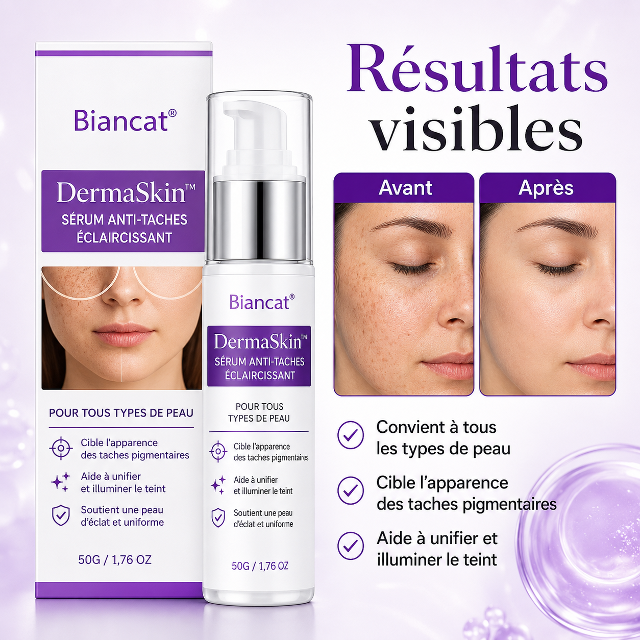 DermaSkin™ Sérum Anti-Taches Éclaircissant | Effacez vos taches brunes en 72 heures chrono!