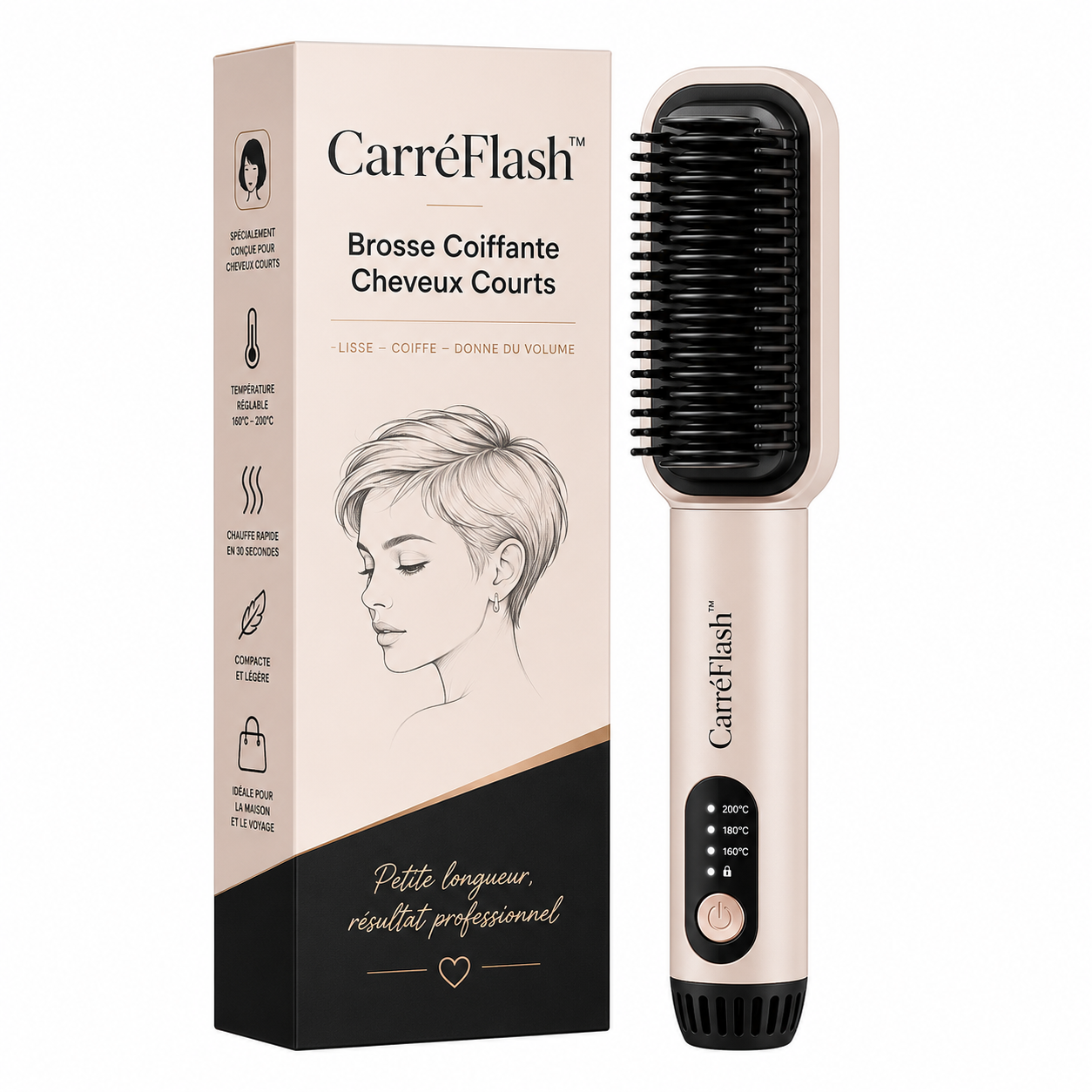 CarréFlash™ Brosse Coiffante Cheveux Courts | Obtenez un brushing volumineux en 2 minutes, sans coiffeur !