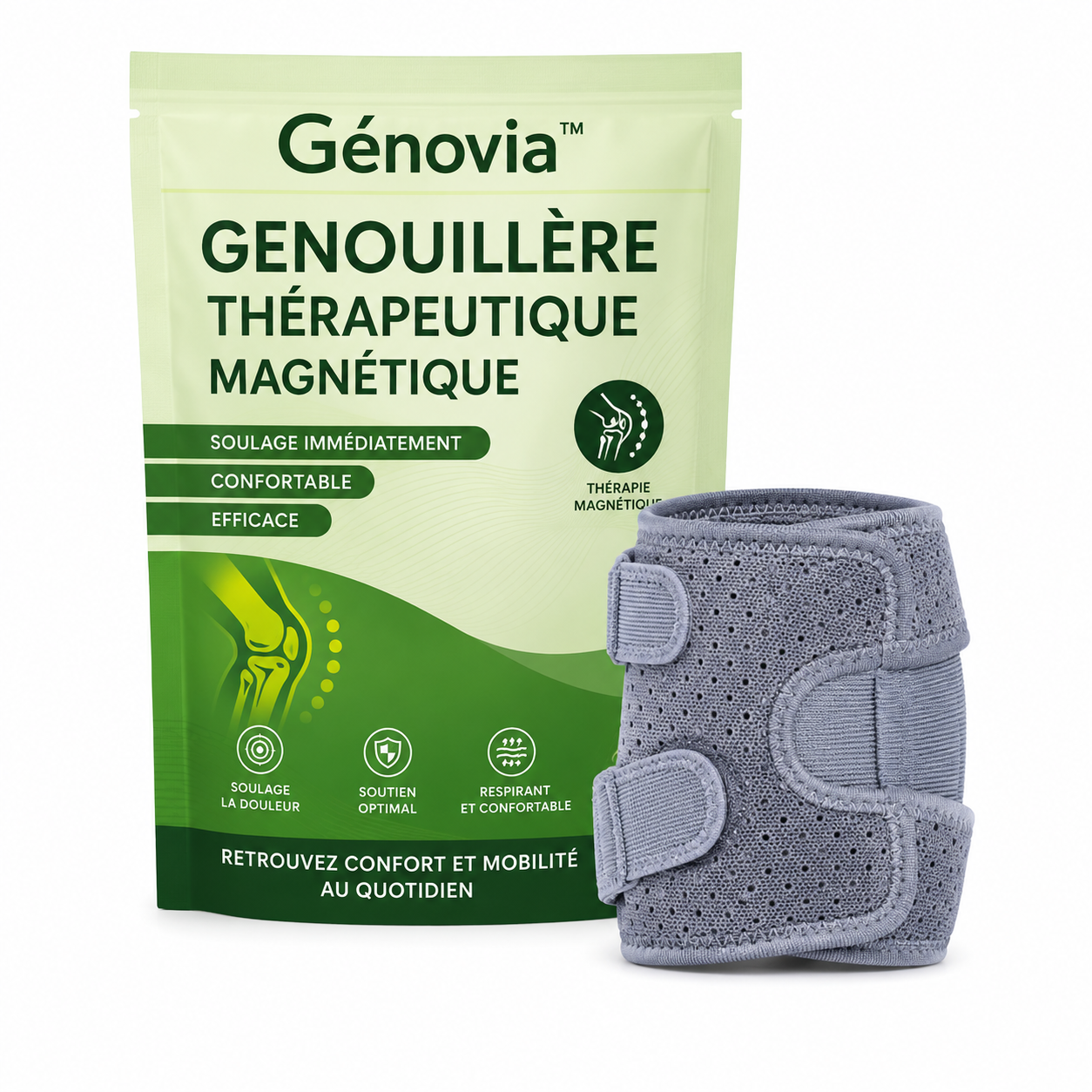 Génovia™ Genouillère Thérapeutique Magnétique | Éliminez la douleur du genou en 3 minutes !