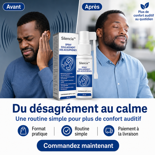 Silencia™ Spray Anti-Acouphènes | Calmez les sifflements et dormez enfin sans ce bruit qui vous épuise !