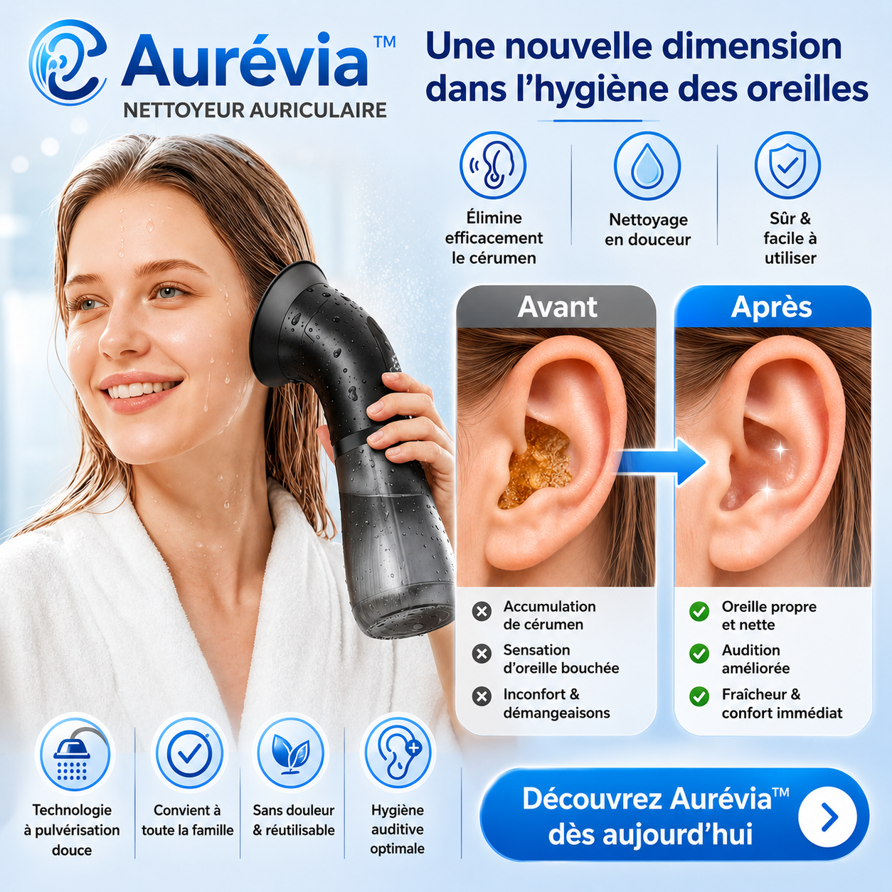 Aurévia™ Nettoyeur Auriculaire | Éliminez le cérumen en profondeur en quelques minutes et retrouvez une audition claire !