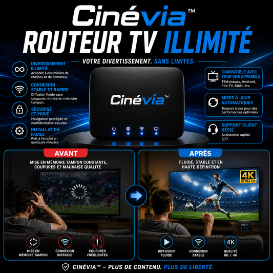 Cinévia™ Routeur TV Illimité | Supprimez vos factures télé et profitez de 10 000 chaînes gratuites en 60 secondes !