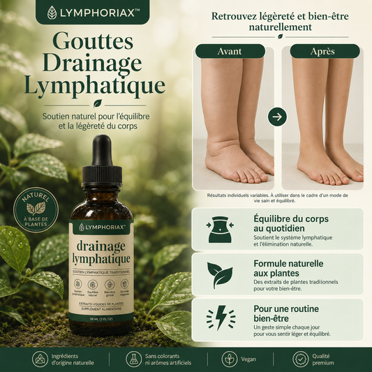 Lymphoriax™ Gouttes Drainage Lymphatique | Éliminez gonflements et rétention d’eau en 10 jours !
