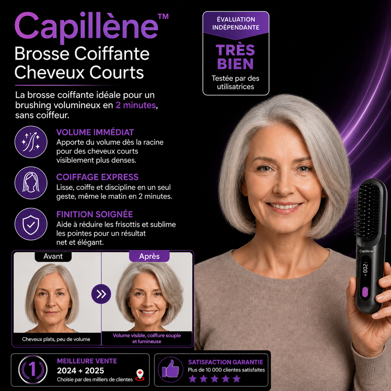 Capillène™ Brosse Coiffante Cheveux Courts | Obtenez un brushing volumineux en 2 minutes, sans coiffeur !
