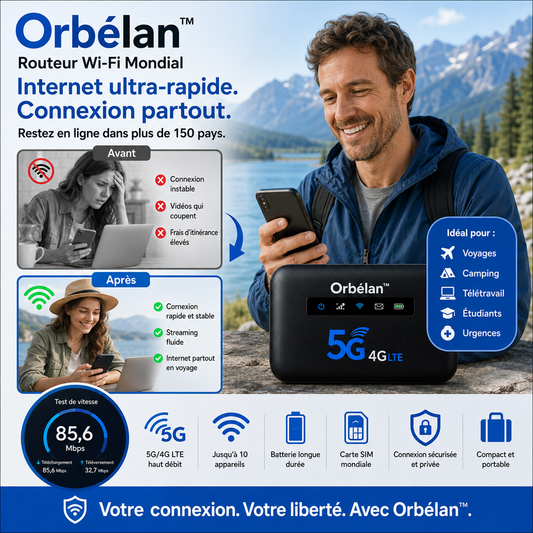Orbélan™ Routeur Wi-Fi Mondial | Débloquez un internet ultra-rapide dans plus de 150 pays en moins de 5 secondes !