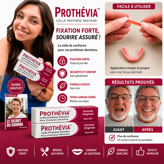 Prothévia™ Colle Prothèse Dentaire | Fixez votre dentier jusqu’à 4 jours, sans glissement ni irritation !