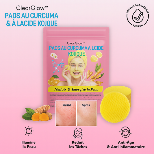 ClearGlow™ Pads au Curcuma & à l’Acide Kojique | Élimine les taches et teint terne dès la première application!