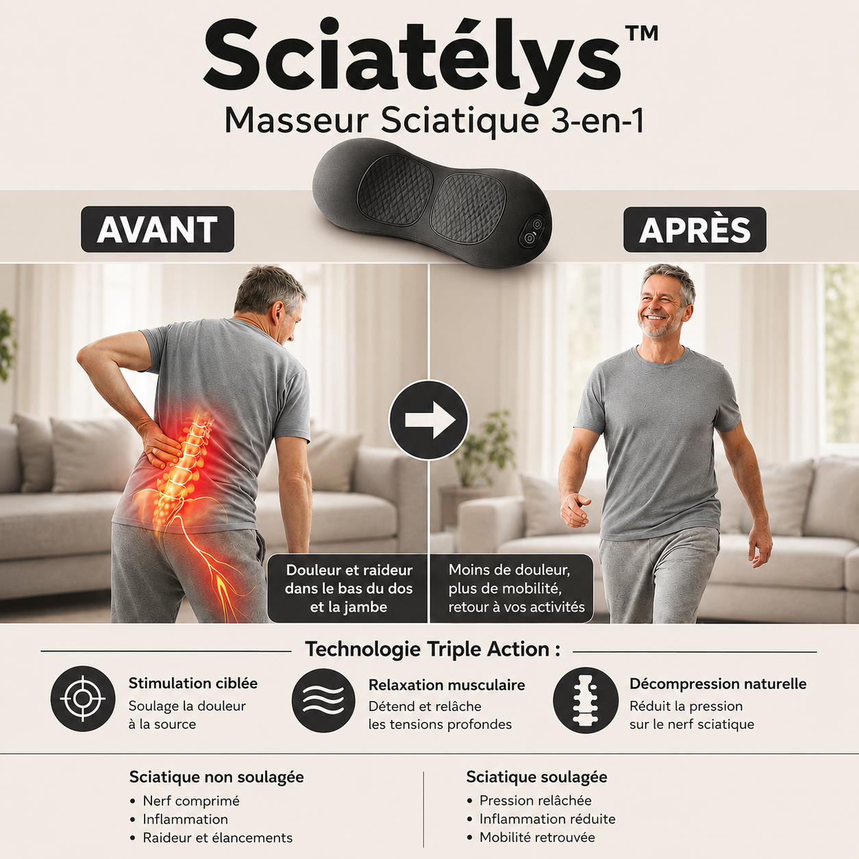 Sciatélys™ Masseur Sciatique 3-en-1 | Stoppez la sciatique et libérez votre dos en 5 minutes par jour !