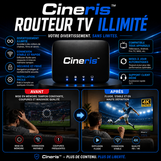 Cineris™ Routeur TV Illimité | Supprimez vos factures télé et profitez de 10 000 chaînes gratuites en 60 secondes !