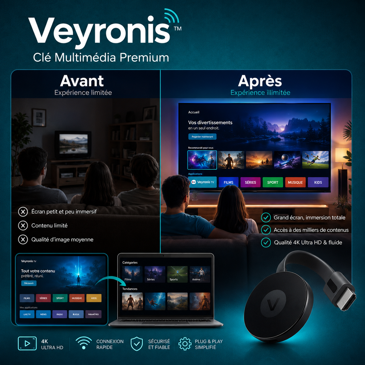 Veyronis™ Clé Multimédia Premium | Accédez instantanément à la TV, aux films et au sport en illimité !