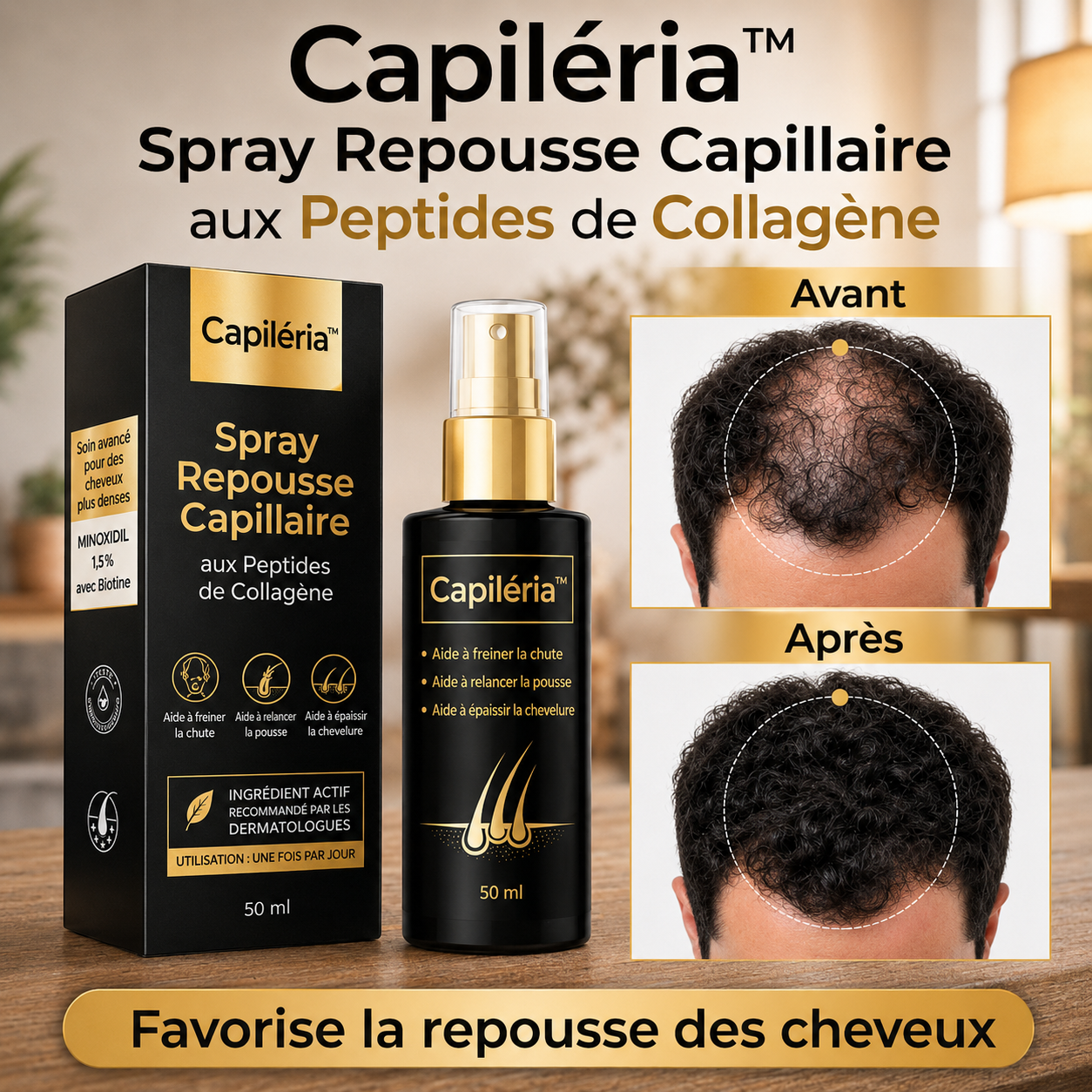 Capiléria™ Spray Repousse Capillaire aux Peptides de Collagène | Relancez la pousse des cheveux et épaississez votre chevelure en 3 minutes!
