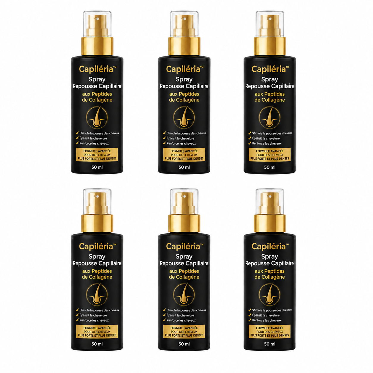 Capiléria™ Spray Repousse Capillaire aux Peptides de Collagène | Relancez la pousse des cheveux et épaississez votre chevelure en 3 minutes!