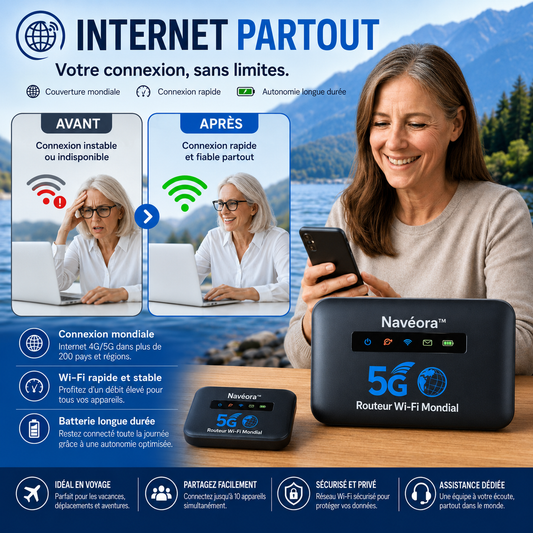 Navéora™ Routeur Wi-Fi Mondial | Débloquez un internet ultra-rapide dans plus de 150 pays en moins de 5 secondes !