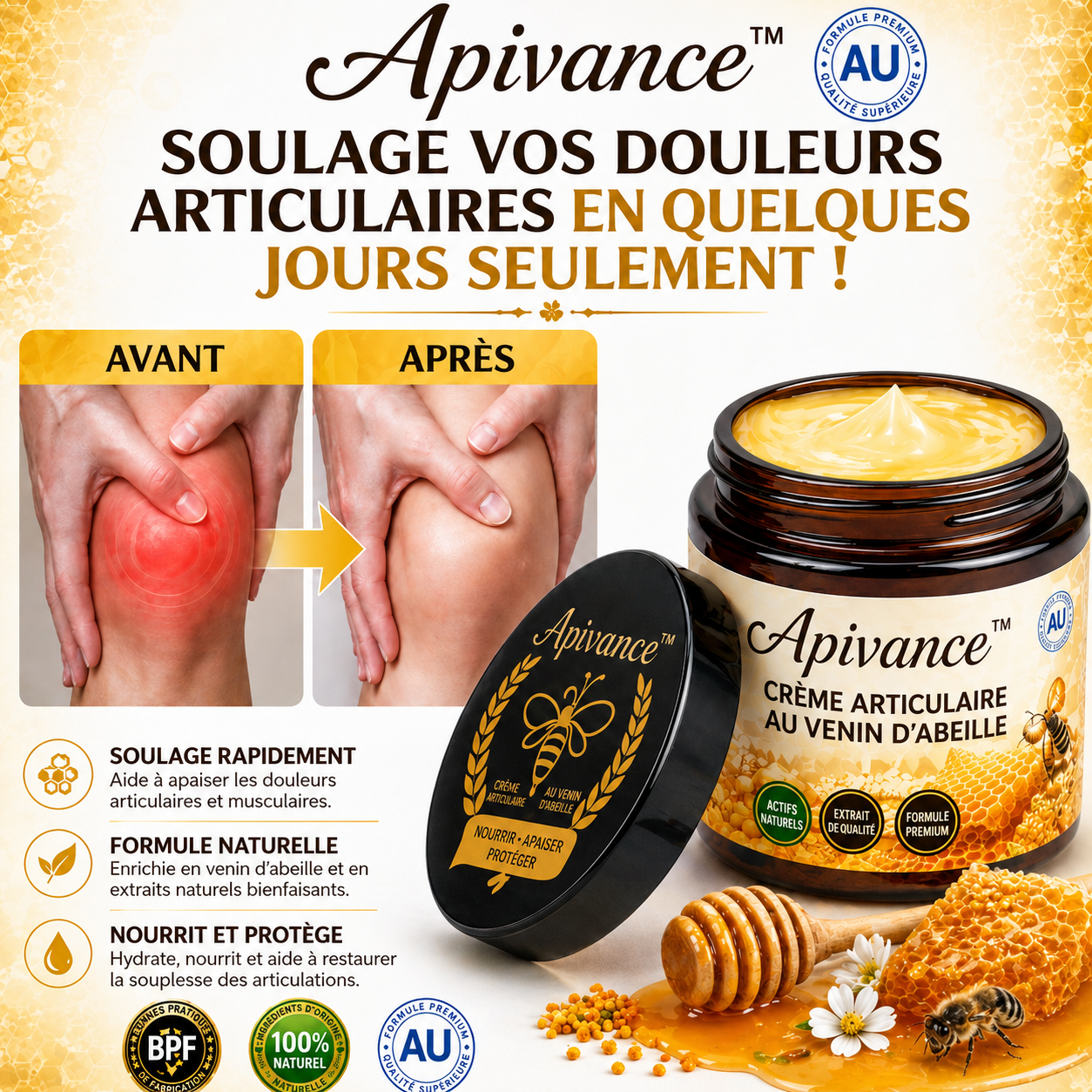 Apivance™ Crème Articulaire au Venin d’Abeille | Soulage les douleurs et libère vos articulations en 10 minutes !