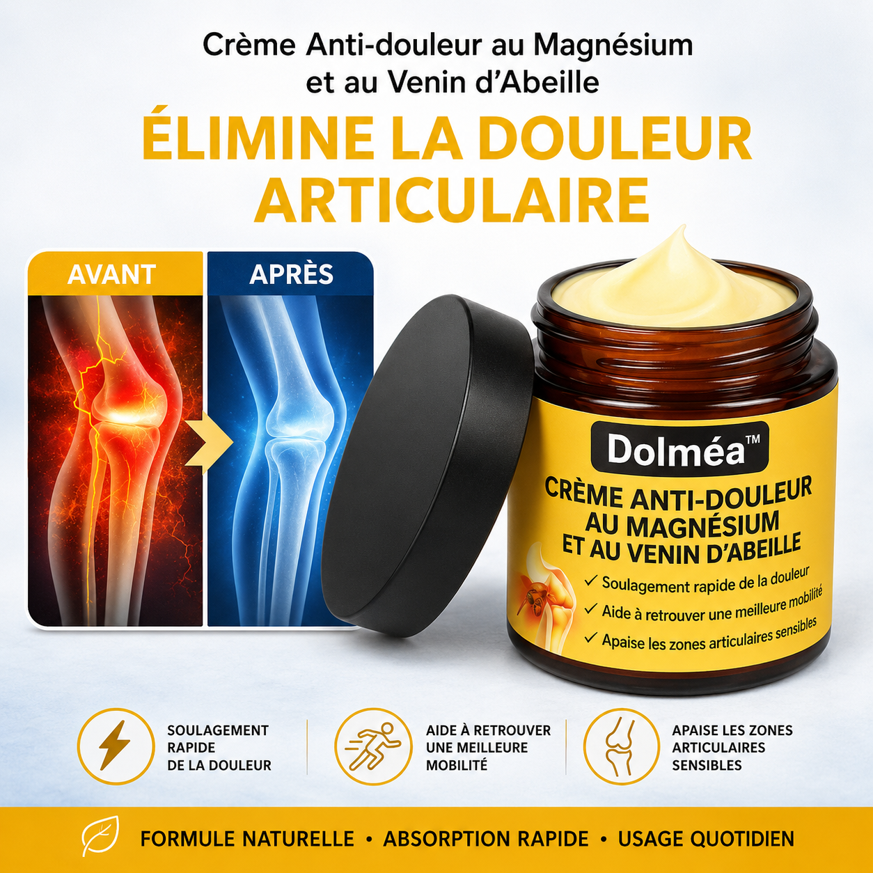 Dolméa™ Crème Anti-douleur au Magnésium et au Venin d'Abeille | Supprime vos douleurs articulaires en un instant!