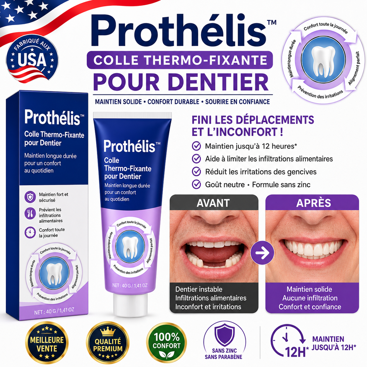 Prothélis™ Colle Thermo-Fixante pour Dentier | Mangez, parlez et riez sans que votre dentier ne bouge pendant 96h !