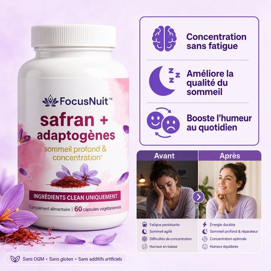 FocusNuit™ Capsules Safran & Adaptogènes | Réveillez-vous enfin reposé: moins de fatigue, plus de concentration et une meilleure humeur en 15 jours !