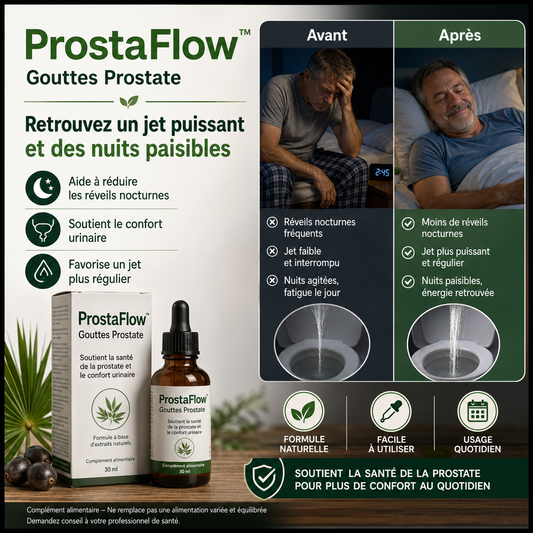 ProstaFlow™ Gouttes Prostate | Retrouvez un jet puissant et dormez enfin toute la nuit sans interruption !