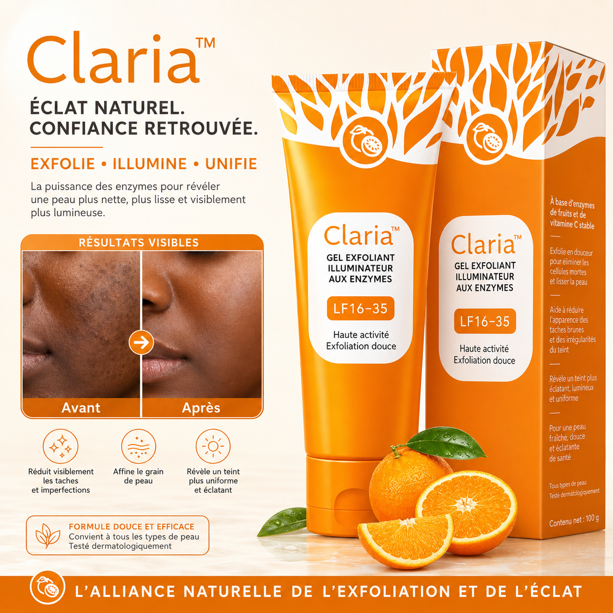 Claria™ Gel Exfoliant Enzymatique à l’Orange | Éliminez cellules mortes, taches et teint terne en 5 minutes !