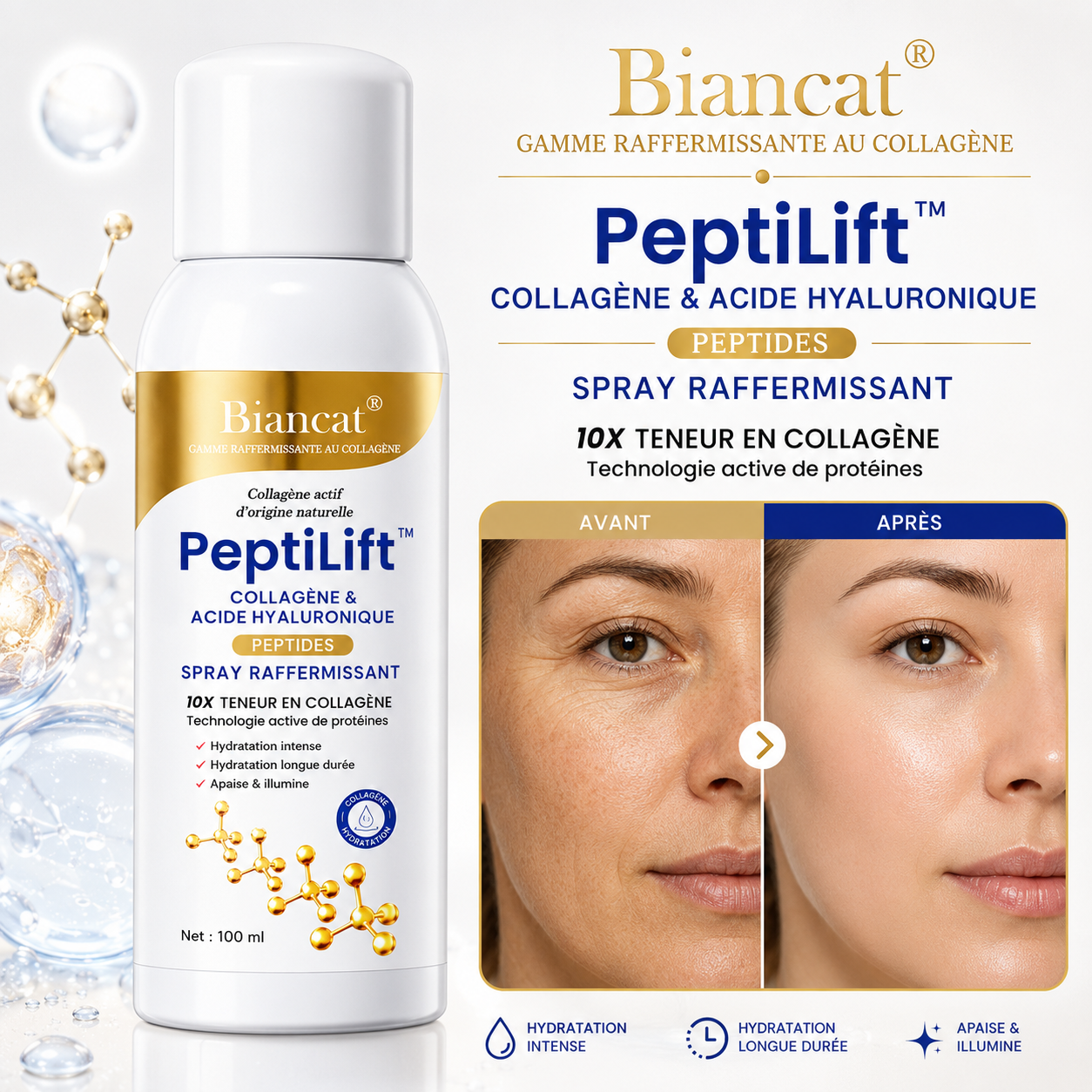 PeptiLift™ Spray Raffermissant Collagène & Acide Hyaluronique | Repulpez, hydratez et liftez votre peau sans aiguille ni chirurgie !