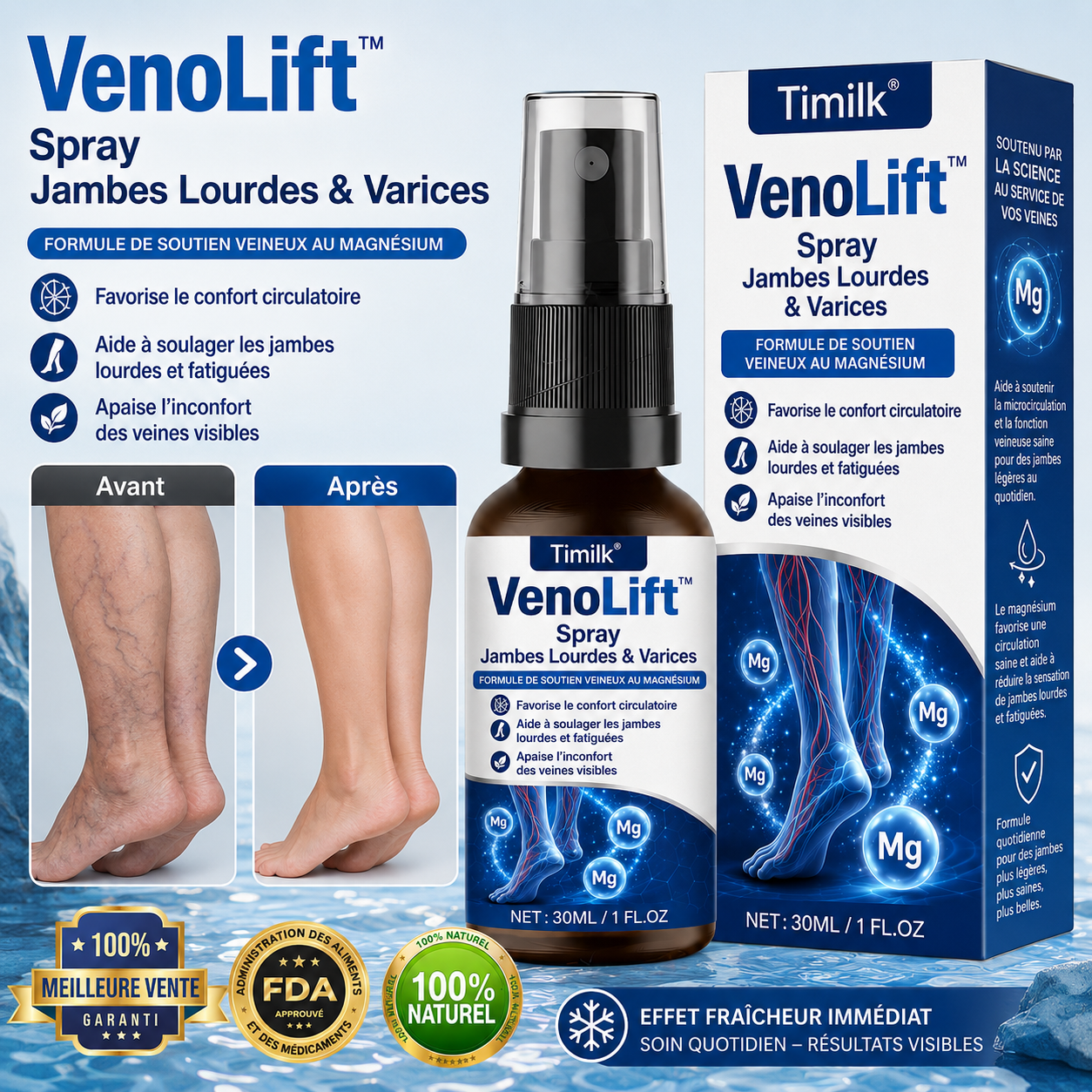 VenoLift™ Spray Jambes Lourdes & Varices | Soulagez gonflements, veines visibles et jambes fatiguées en 60 secondes !