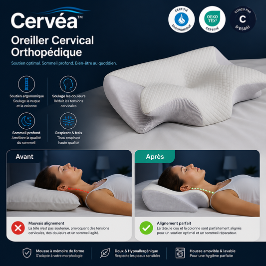 Cervéa™ Oreiller Cervical Orthopédique | Soulage la nuque et aligne votre dos dès la 1ère nuit !