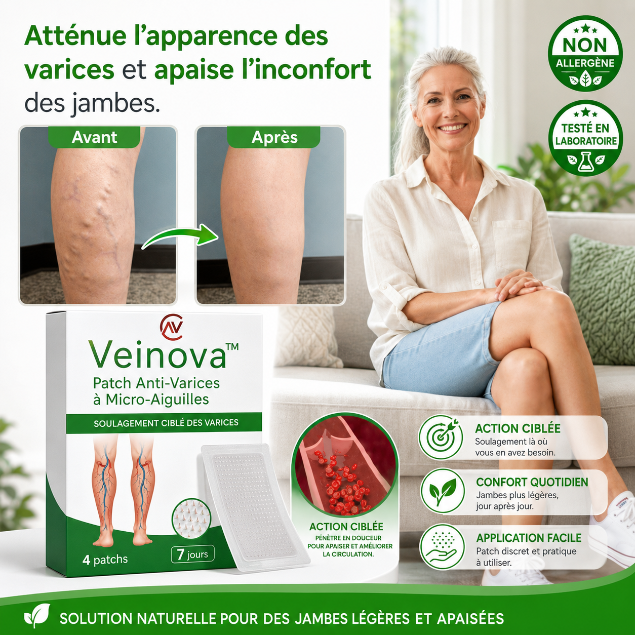 Veinova™ Patch Anti-Varices à Micro-Aiguilles | Retrouvez des jambes légères et visiblement plus nettes en 7 jours !