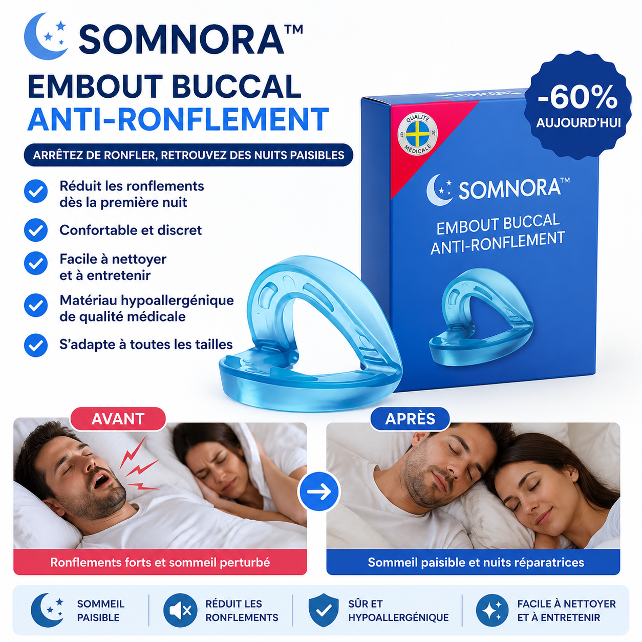Somnora™ Embout Buccal Anti-Ronflement | Stoppez les ronflements dès la 1re nuit, ou dormez seul à vie!