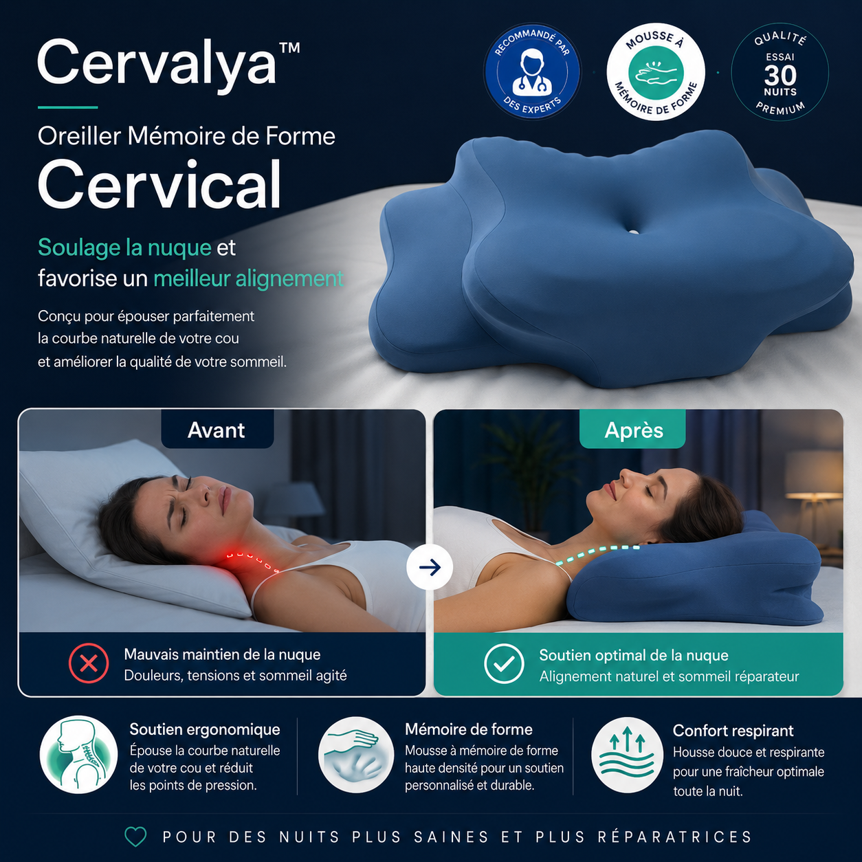 Cervalya™ Oreiller Mémoire de Forme Cervical | Soulage vos nuques raides et transforme vos nuits dès la première nuit !