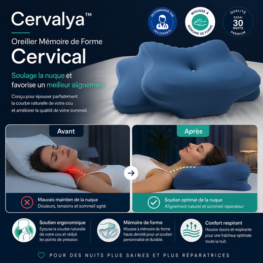Cervalya™ Oreiller Mémoire de Forme Cervical | Soulage vos nuques raides et transforme vos nuits dès la première nuit !
