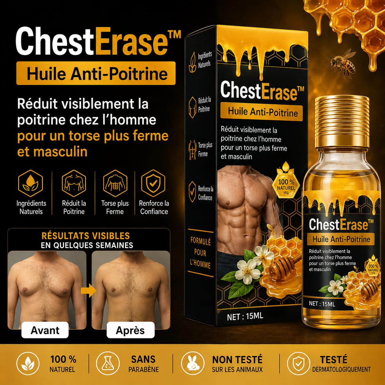 ChestErase™ Huile Anti-Poitrine | Réduit la Poitrine chez les Hommes en 7 Jours, Sans Chirurgie!