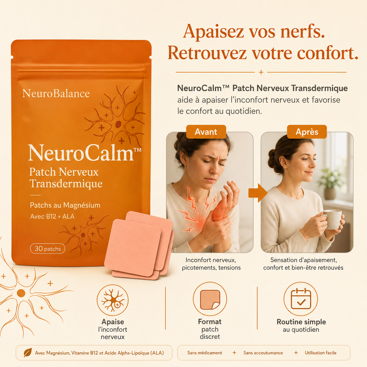 NeuroCalm™ Patch Nerveux Transdermique | Dormez enfin toute la nuit sans gêne nerveuse, garanti ou remboursé !