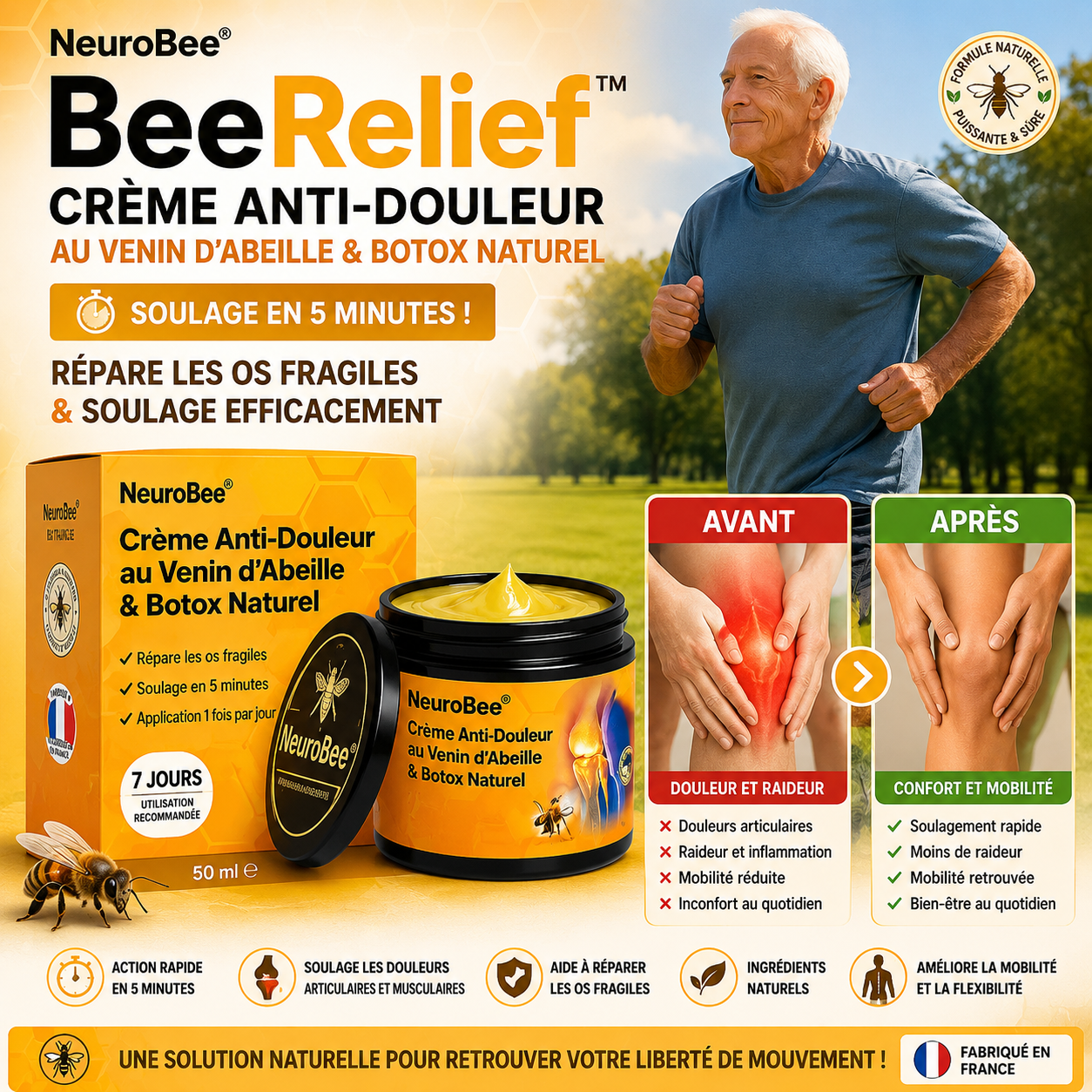 BeeRelief™ Crème Anti-Douleur au Venin d’Abeille & Botox Naturel | Répare les os fragiles et soulage en 5 minutes!