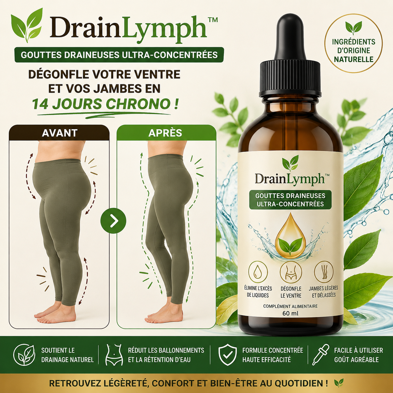 DrainLymph™ Gouttes Draineuses Ultra-Concentrées | Dégonfle votre ventre et vos jambes en 14 jours chrono!